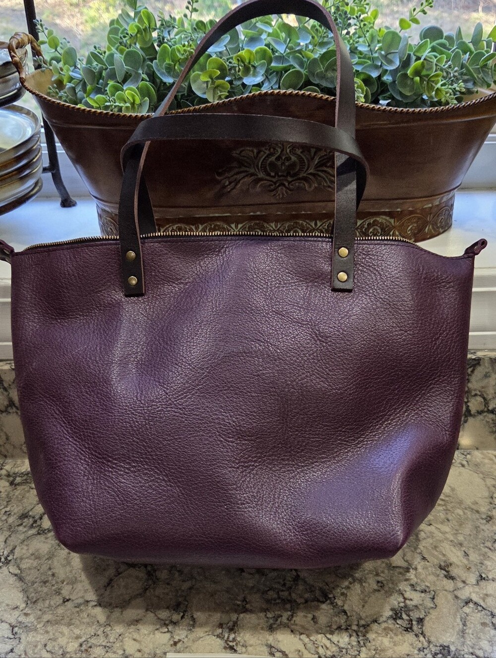 Portland Leather Plum Tote with Dark Brown Straps - Picture 2 of 5